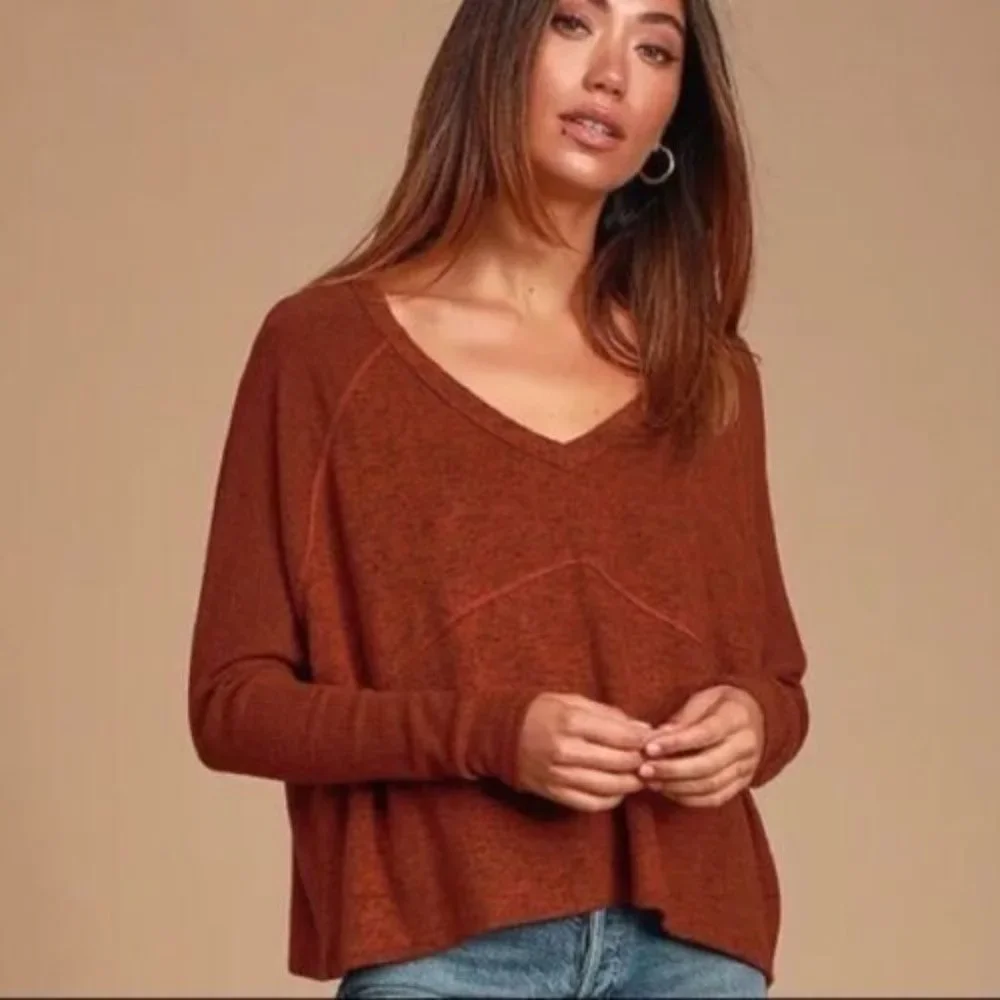 Lulu's Cozy Central Rust Orange Ribbed Sweater Top Medium - Picture 2 of 5